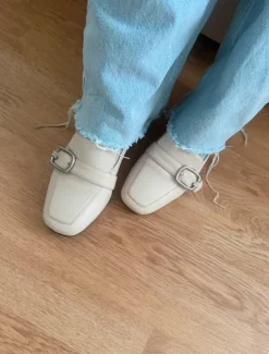 Beige Creme Kunstleder Loafer Mokassins Absatzschuhe Blockabsatz 36