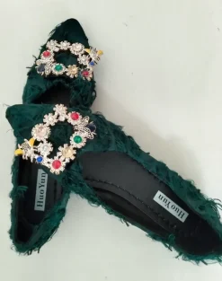 Elegante grüne Ballerinas mit Strass-Schnalle Gr. 38