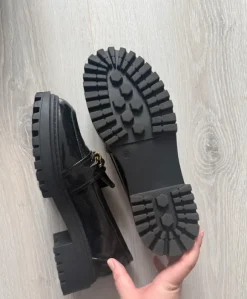Even&Odd black chunky loafers with gold chain