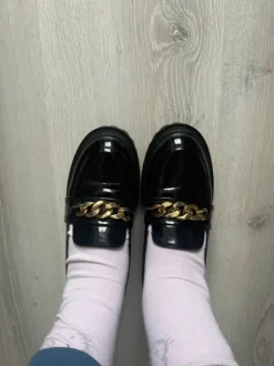 Even&Odd black chunky loafers with gold chain