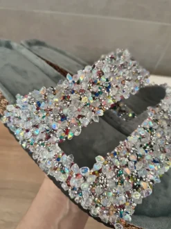 Glitzer Glitter Steinchen Schlappen Slipper Sandalen grau 44