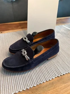 Marc Joseph Damen - Wildleder-Slipper 39,5 dunkelblau mit silberner Kordel