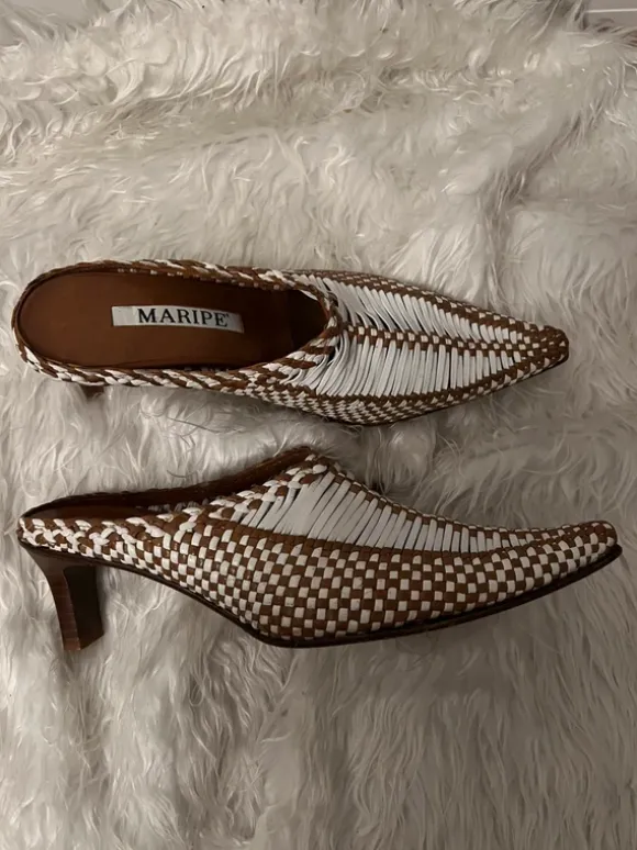 Maripé geflochtenes Leder + Mule / Kitten Heels Gr. 38,5 braun / weiß - super Zustand
