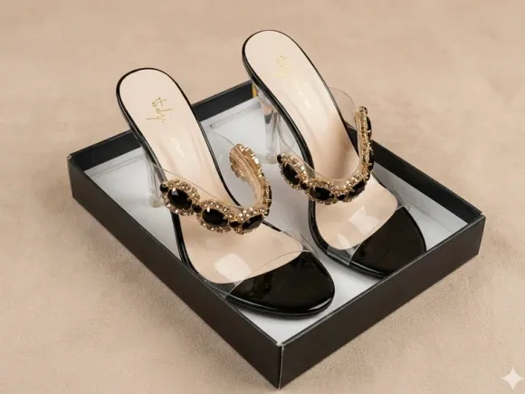 Mules à talons transparents et bijoux