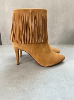 NEU Fransen Ankle Boots Cognac Wildleder Optik Gr. 38 Boho Western Damen High Heels