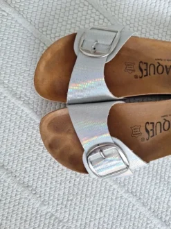 Pantoffel Lederpantoffel Schlappen Silber Regenbogenschimmer Wildleder
