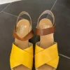 Rieker Damen Sandalette Heels 39 gelb braun color block Sandalen