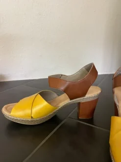 Rieker Damen Sandalette Heels 39 gelb braun color block Sandalen