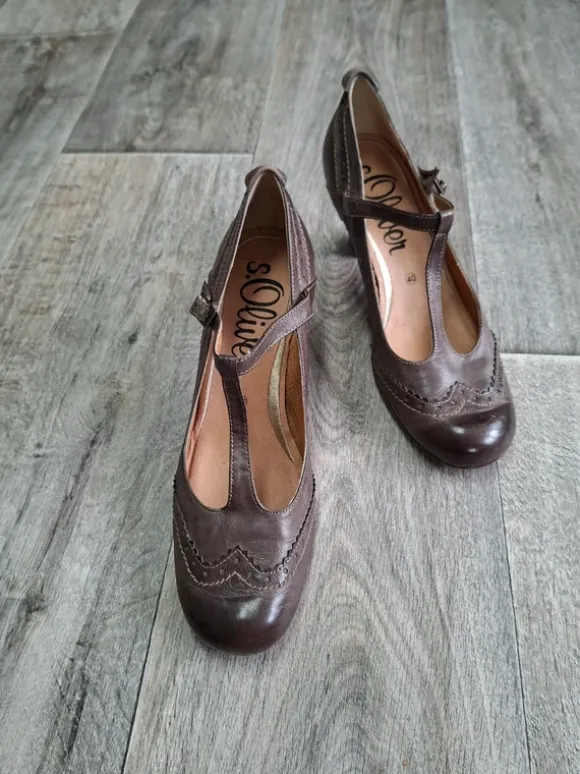 s.Oliver Leder Pumps T-Strap Brogue Braun Gr. 40 Vintage 50s Style