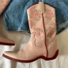 Vintage Style Stiefel echtes Leder Western Boots Cowboy Stiefel rosa Festival Stickerei Gr 37 38