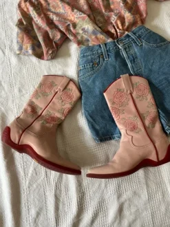 Vintage Style Stiefel echtes Leder Western Boots Cowboy Stiefel rosa Festival Stickerei Gr 37 38