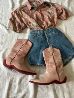 Vintage Style Stiefel echtes Leder Western Boots Cowboy Stiefel rosa Festival Stickerei Gr 37 38