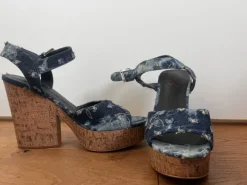 Y2K Denim Platform Heels Embroidered Cork Block Sandals 🔥