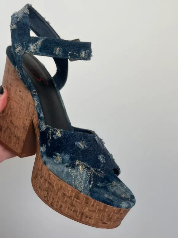 Y2K Denim Platform Heels Embroidered Cork Block Sandals 🔥